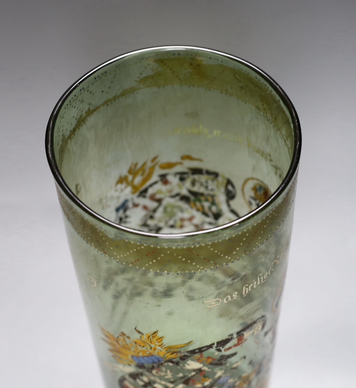 A German glass Humpen with collector's labels on base, painting a little worn, circa 18th century, 39 cms high